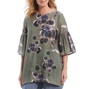 Bryn Walker Diego Tunic Collina Green Floral Italian Satin 3/4 Bell Sleeve, M